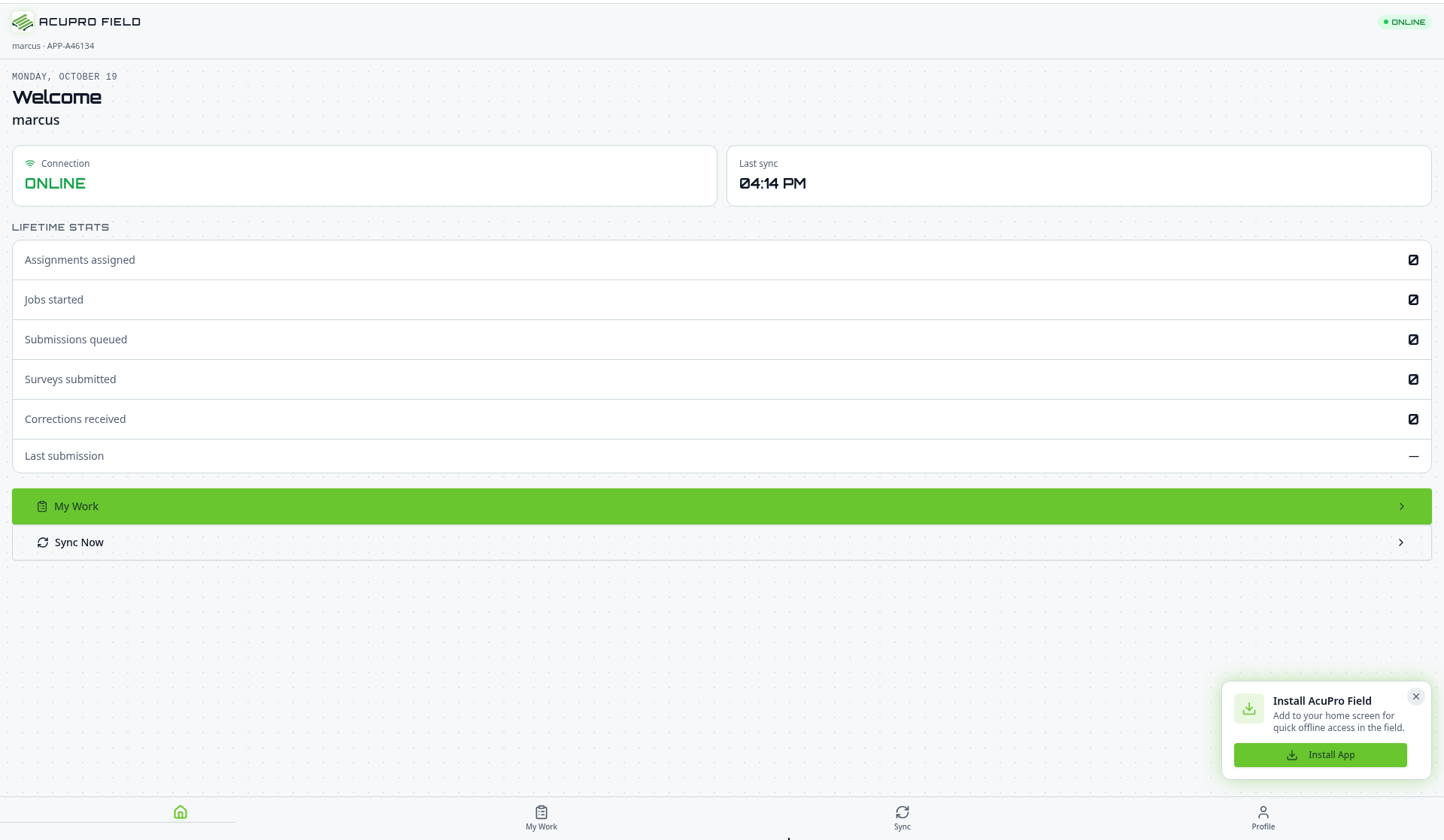 AcuPro Field app home screen for installers