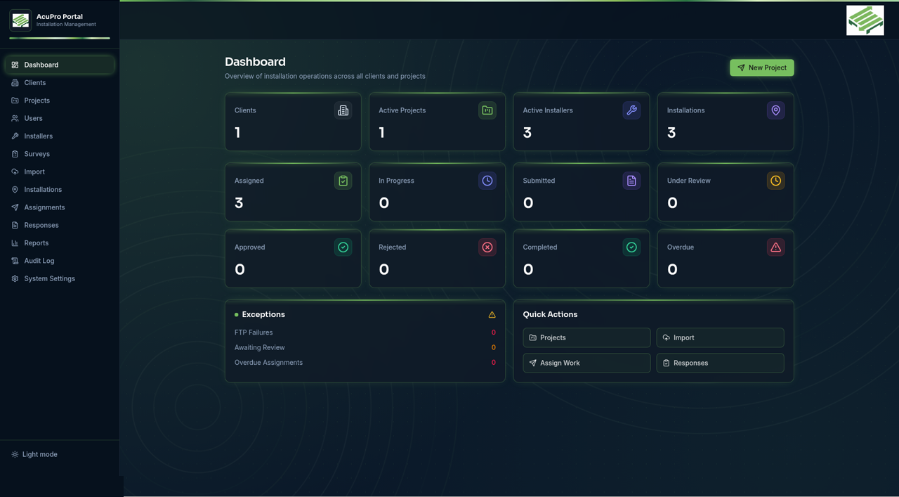 AcuPro Portal installation management dashboard